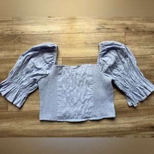 FOREVER 21 
Cloud Blue Trumpet Sleeve Smocked Crop Top Size 1X NWT